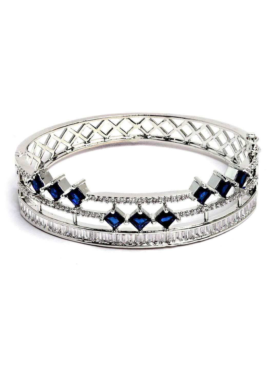 KARATCART Silver-Plated Blue American-Diamond Studded Bangle