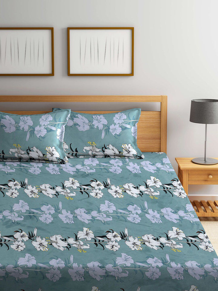 KLOTTHE Green & Grey Floral 300 TC Fitted Super King Bedsheet with 2 Pillow Covers