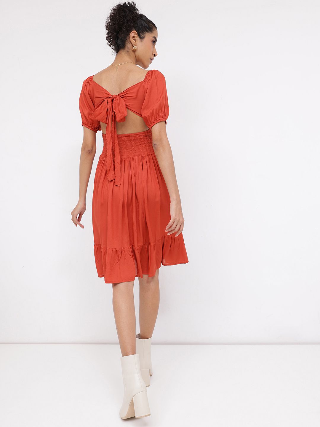 DressBerry Effortless Essence Smocked Waist Puff Sleeves A-line Dress
