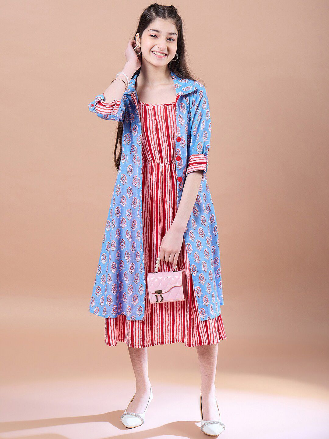 pspeaches Girls Ethnic Motifs Print Cotton  Round Neck A-Line Midi Dress With Shrug