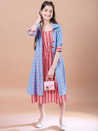 pspeaches Girls Ethnic Motifs Print Cotton  Round Neck A-Line Midi Dress With Shrug