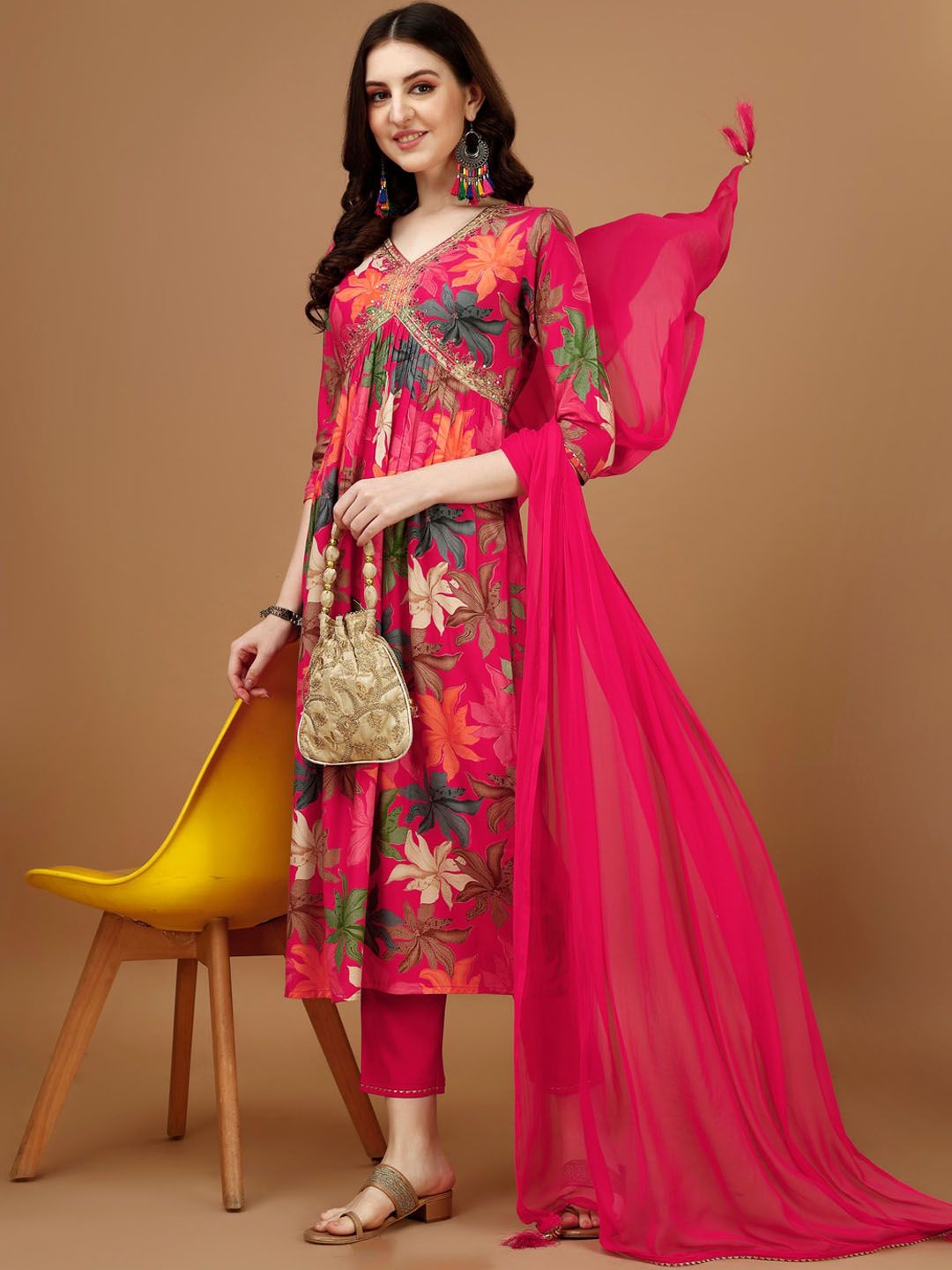 KALINI Floral Printed Kurta & Trousers With Dupatta