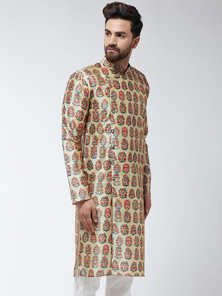 SOJANYA Men Beige & Orange Printed Straight Kurta