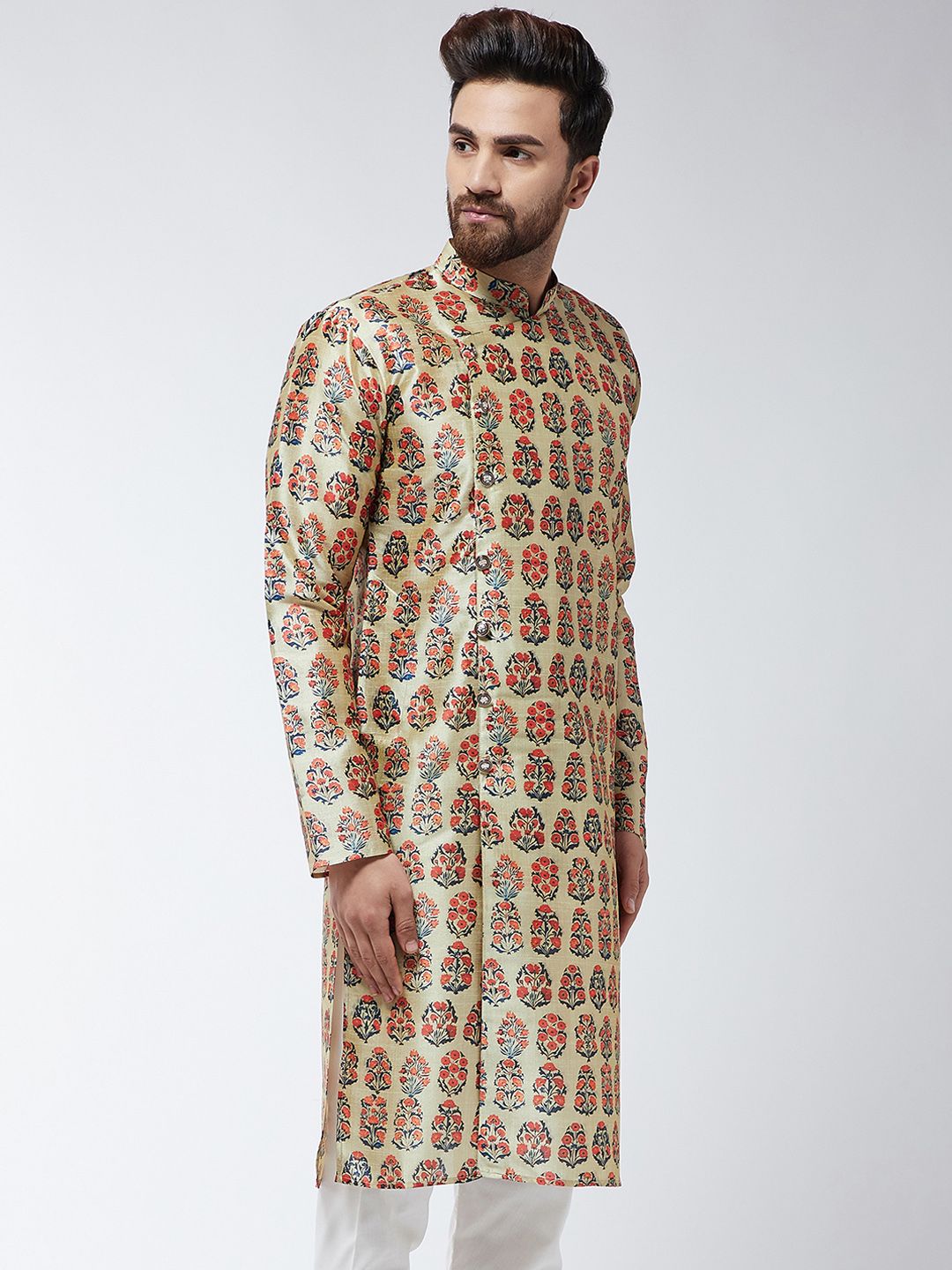 SOJANYA Men Beige & Orange Printed Straight Kurta