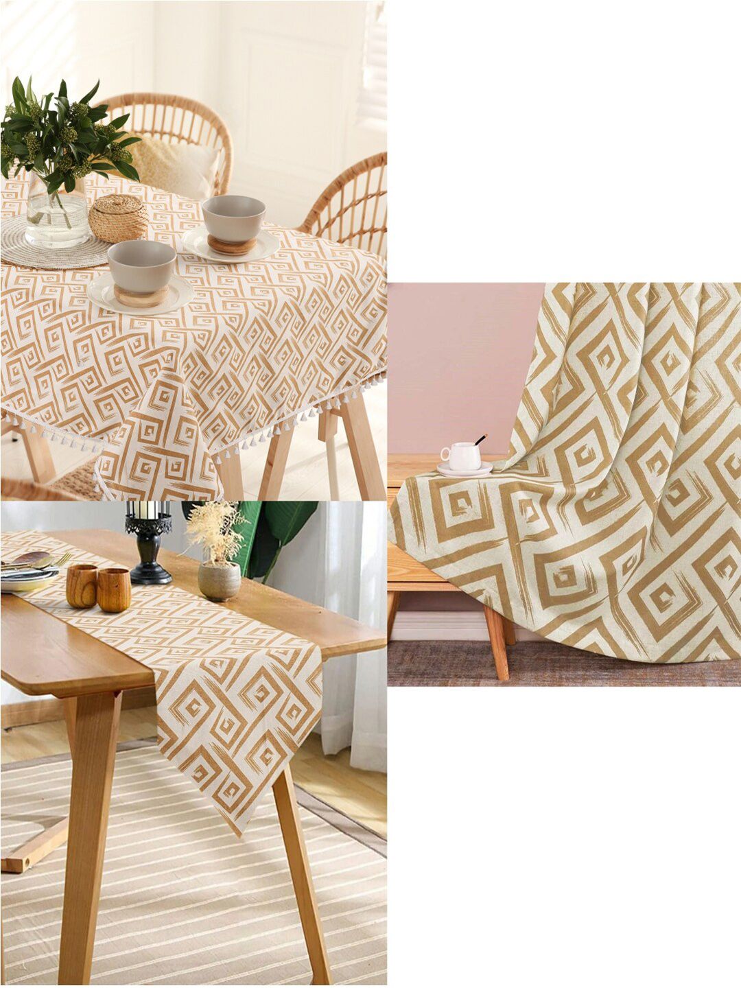 URBAN SPACE Taupe & White Printed Pure Cotton 6-Seater Table Cover