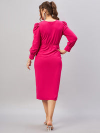 Antheaa Pink Shirt Collar Cuff Sleeves Pleated Sheath Midi Dress
