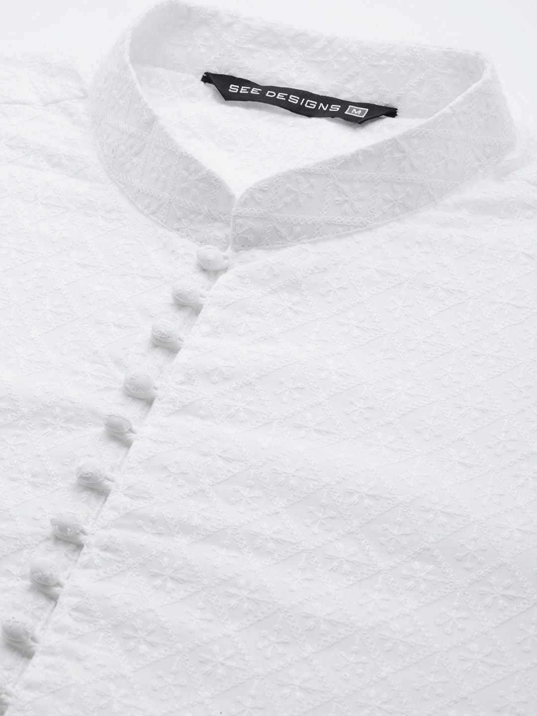 See Designs Men White Ethnic Motifs Embroidered Chikankari Pure Cotton Kurta with Pyjamas