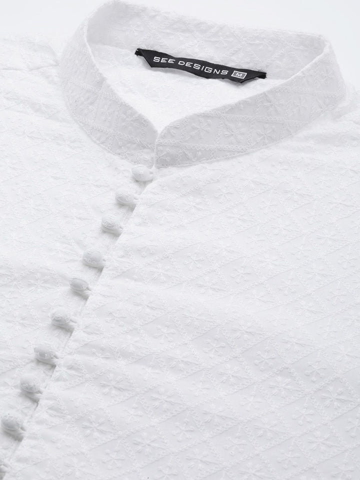 See Designs Men White Ethnic Motifs Embroidered Chikankari Pure Cotton Kurta with Pyjamas