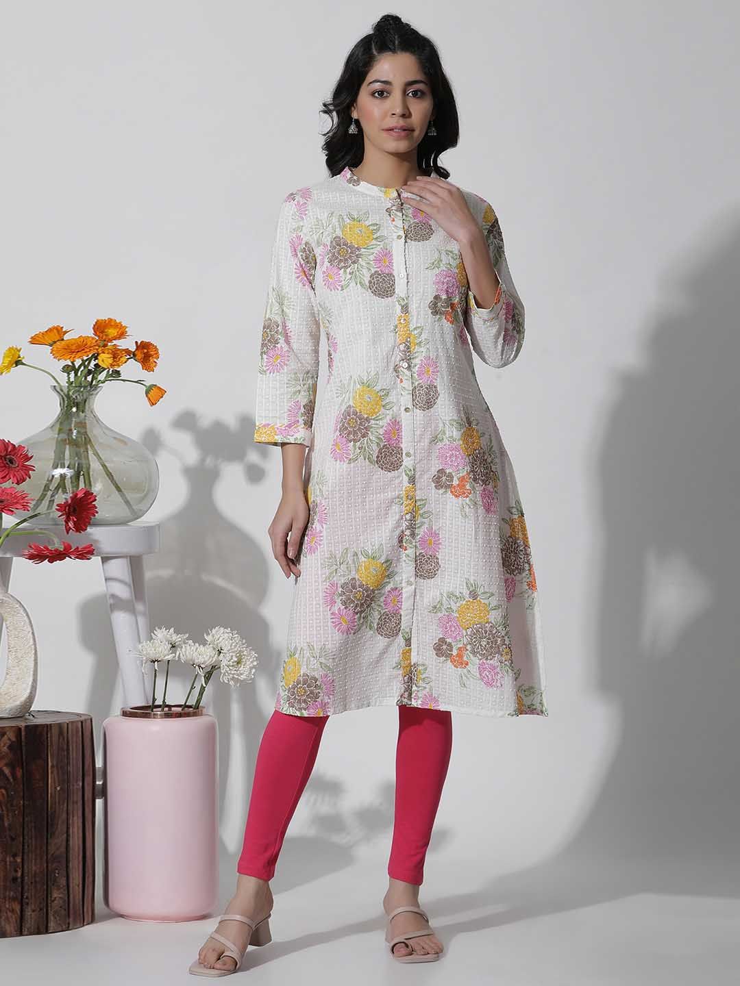 W White Floral Printed Cotton Kurta