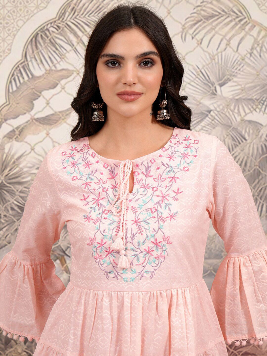 Vishudh Pink Tie-Up Neck Cotton Bell Sleeve Fit & Flare Dress