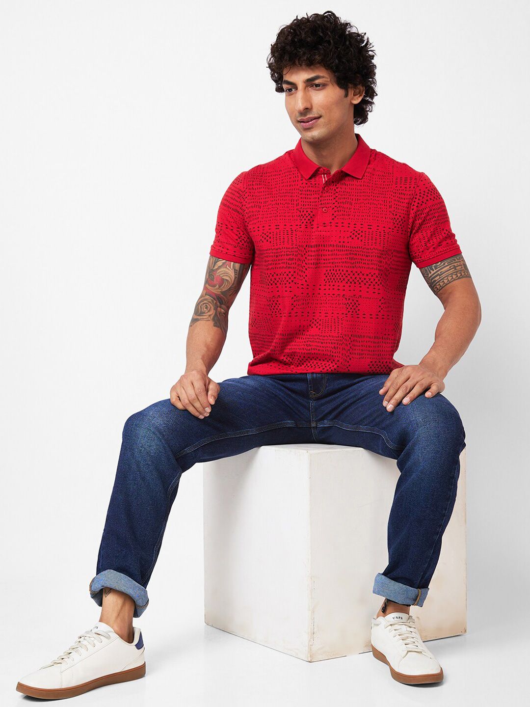 SPYKAR Abstract Printed Polo Collar Slim Fit T-shirt
