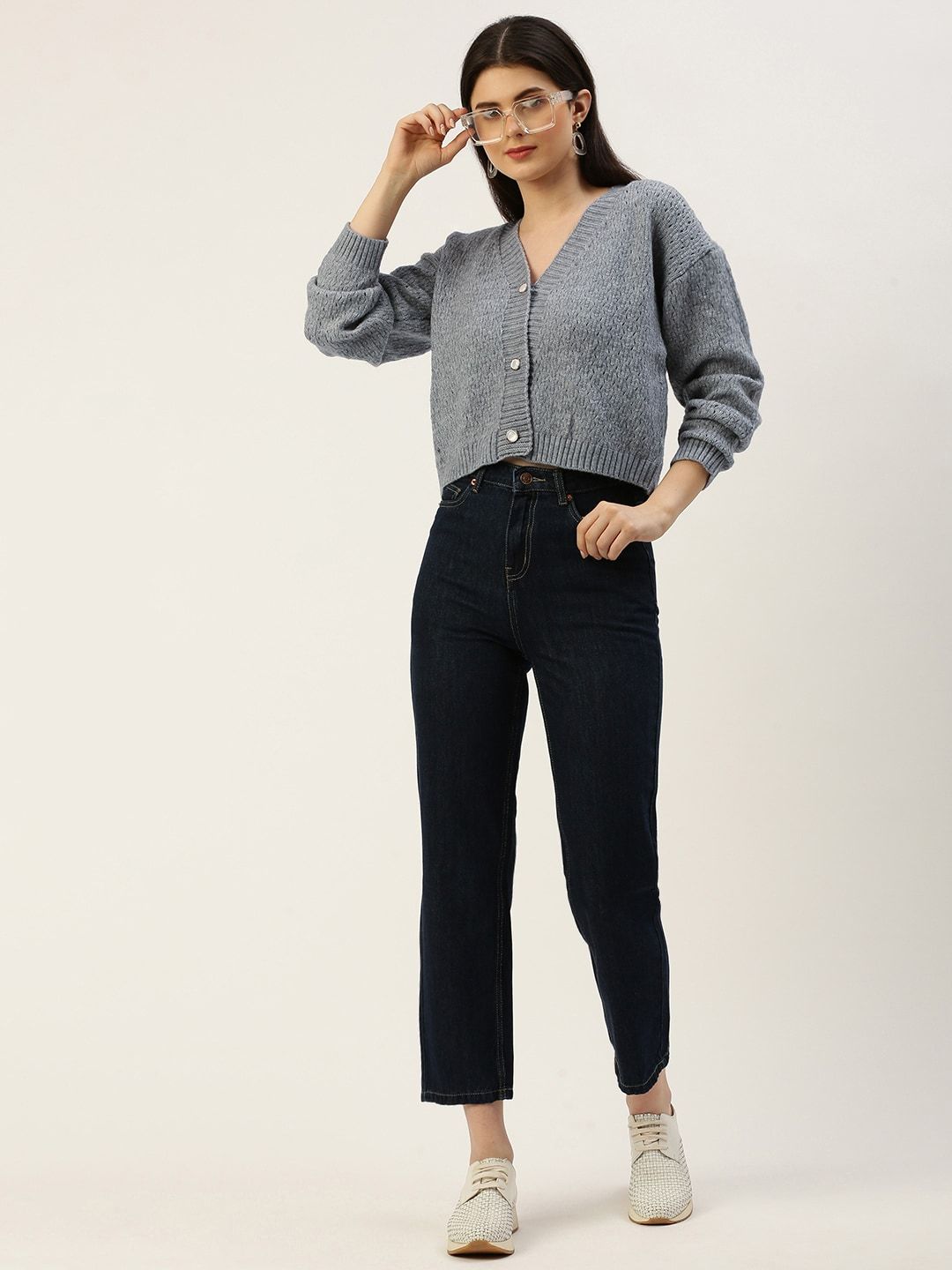 AND Self Design Knitted Drop Shoulder Sleeves Crop Top With Inner Slip