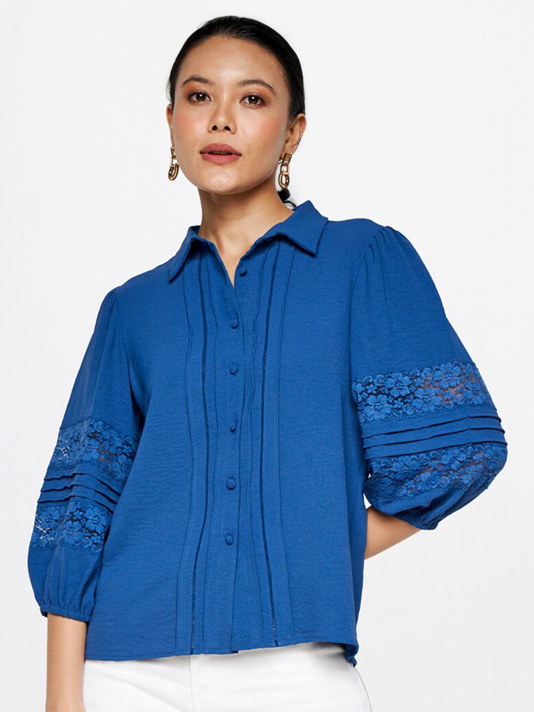 AND Self Design Puff Sleeves Shirt Style Top