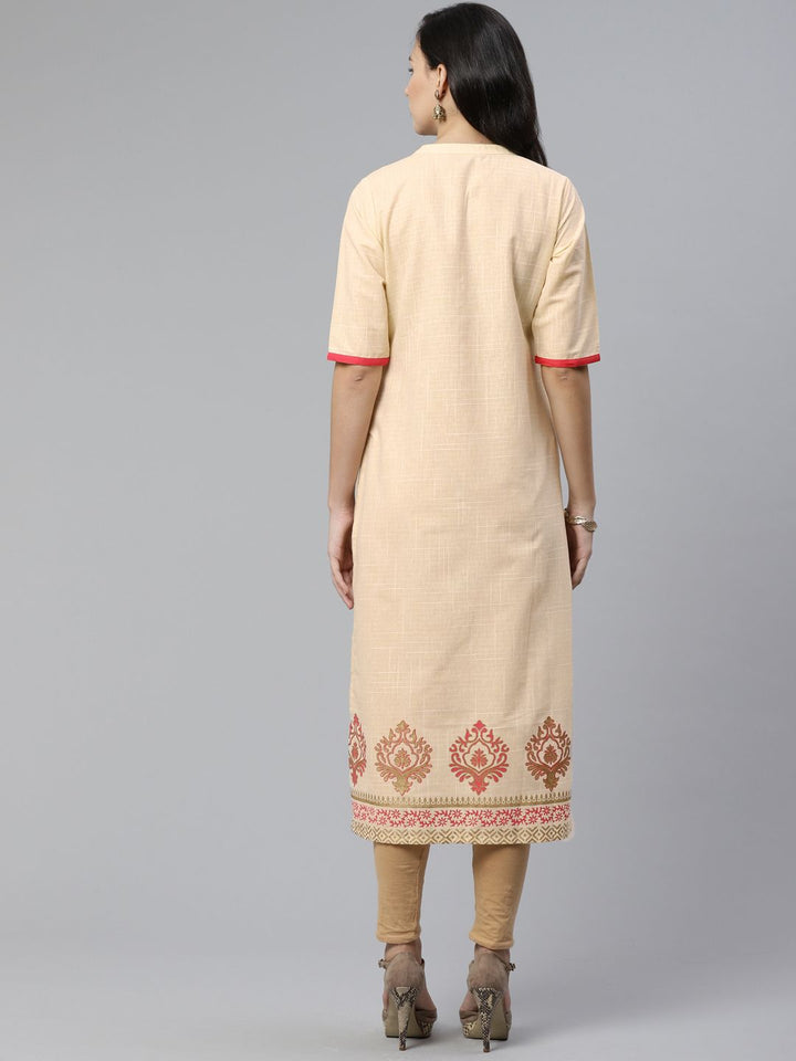 Libas Women Beige Block Print Detail Straight Kurta