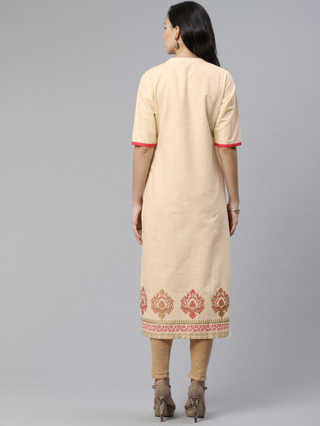 Libas Women Beige Block Print Detail Straight Kurta