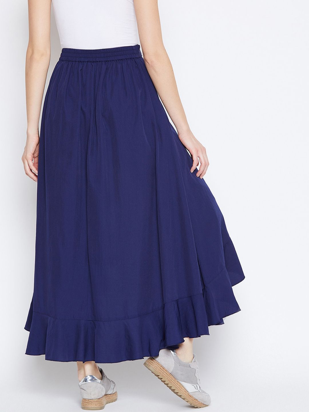 Berrylush Women Navy Blue Solid Ruffle Wrap Maxi Skirt