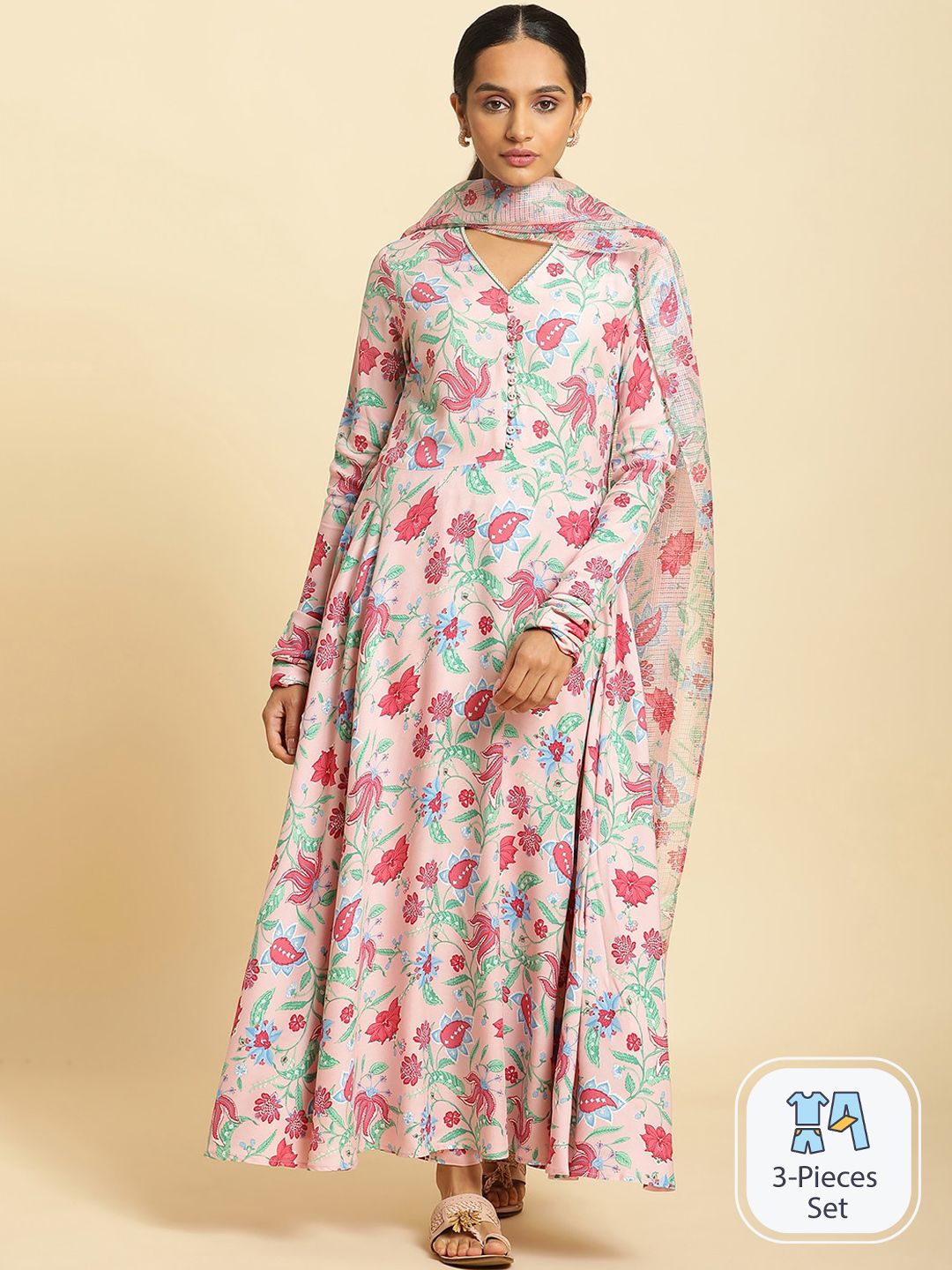 W Floral Printed Kurta with Trousers & Dupatta