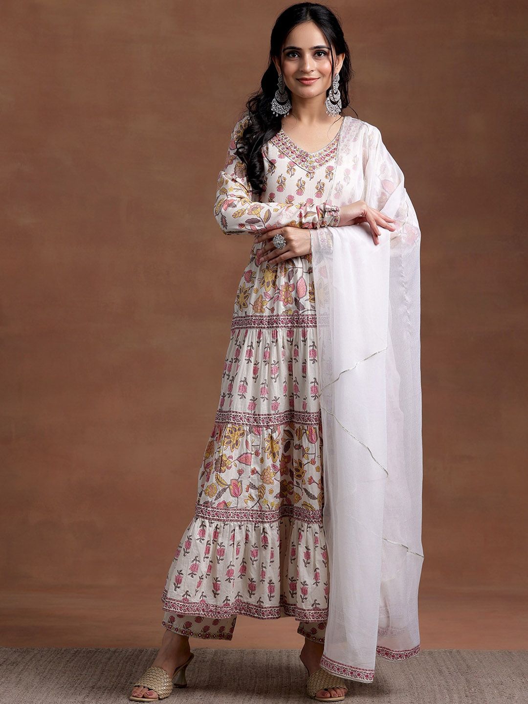 Libas Floral Printed Tiered Mirror Work Pure Cotton Kurta with Palazzos & With Dupatta