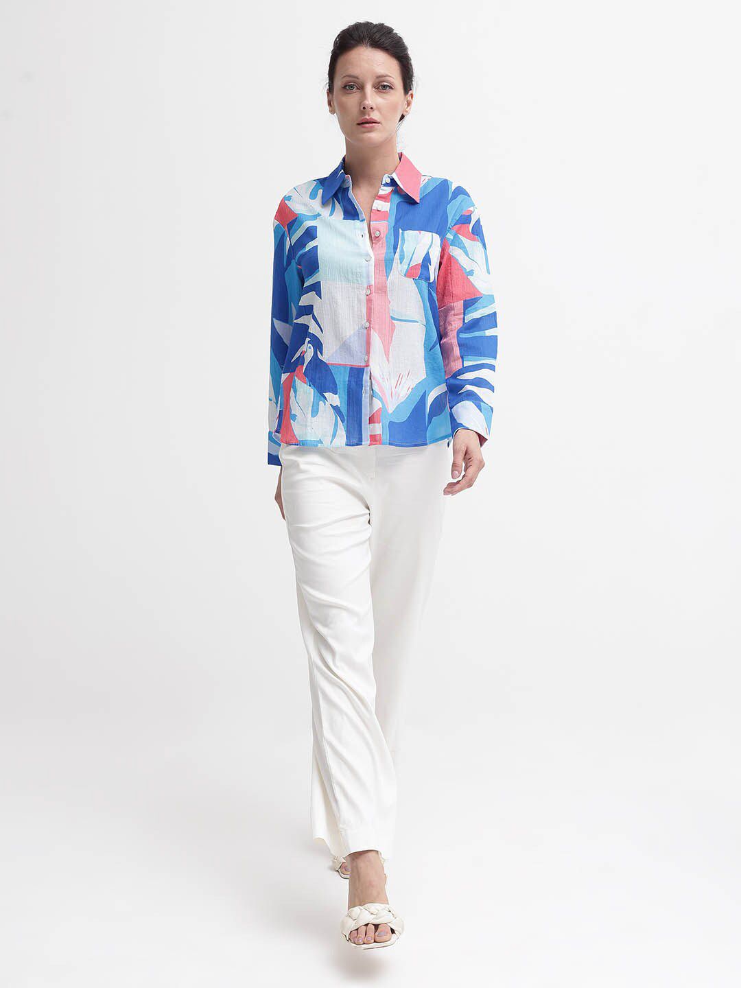 RAREISM Print Mandarin Collar Cotton Top