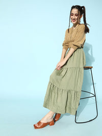 STREET 9 Women Khaki-Coloured Cable Knit Acrylic Pullover