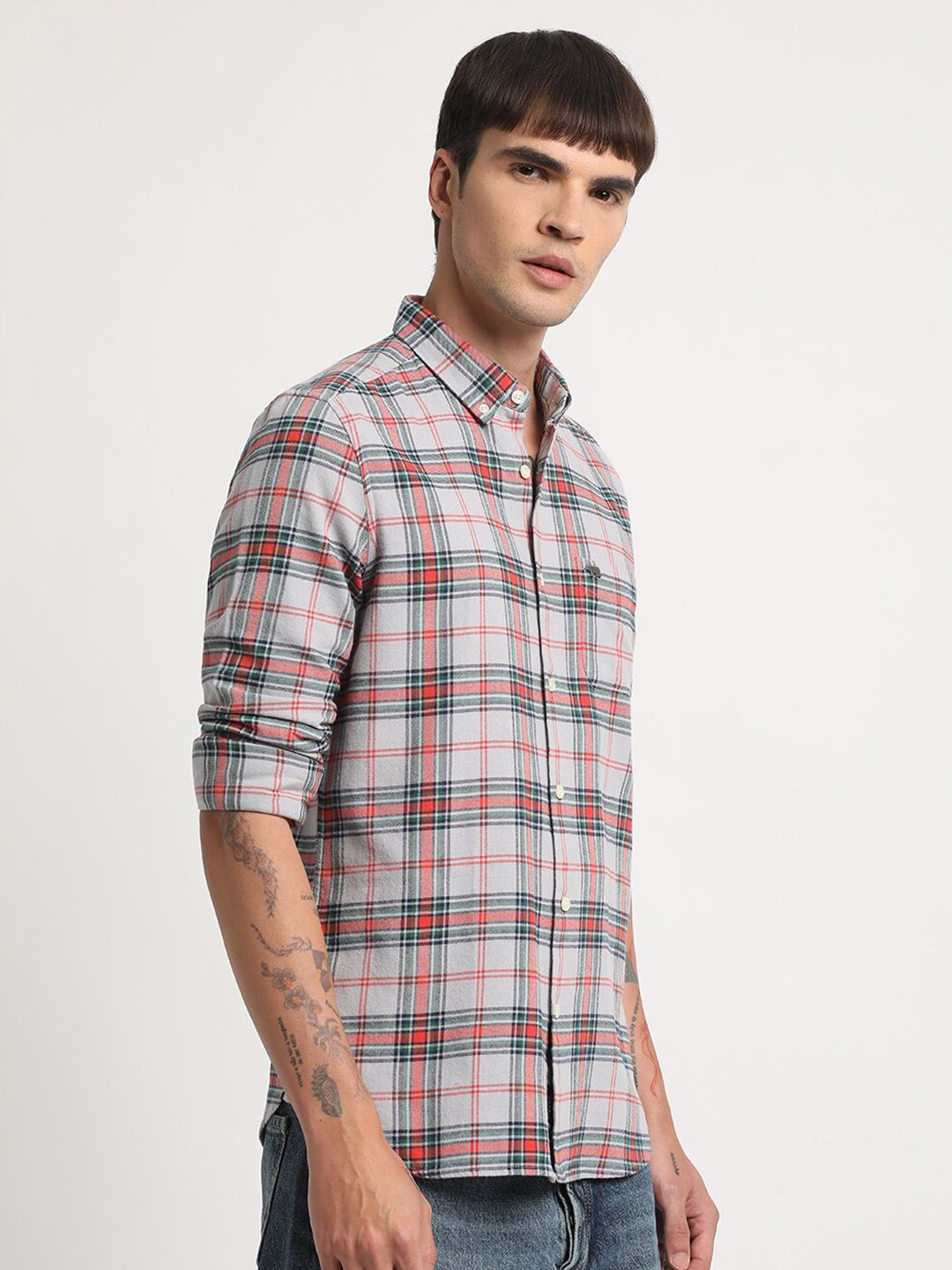 THE BEAR HOUSE Slim Fit Button-Down Collar Tartan Checked Pure Cotton Casual Shirt