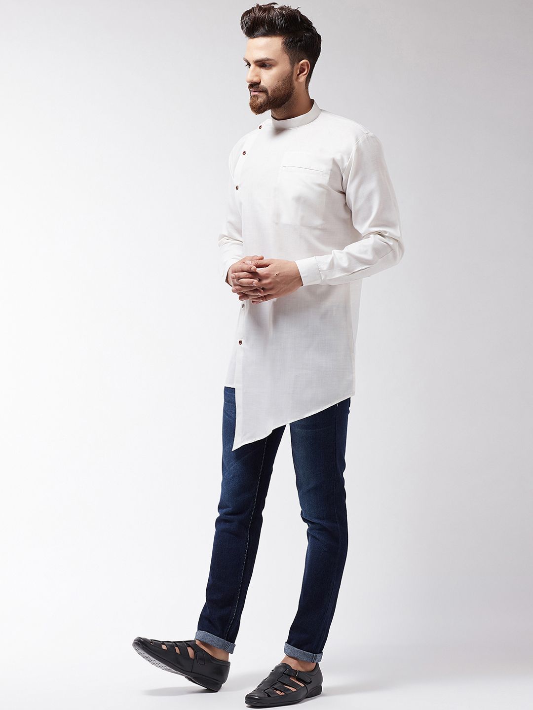 SOJANYA Lelaki Off-White Solid Asymmetric Kurta