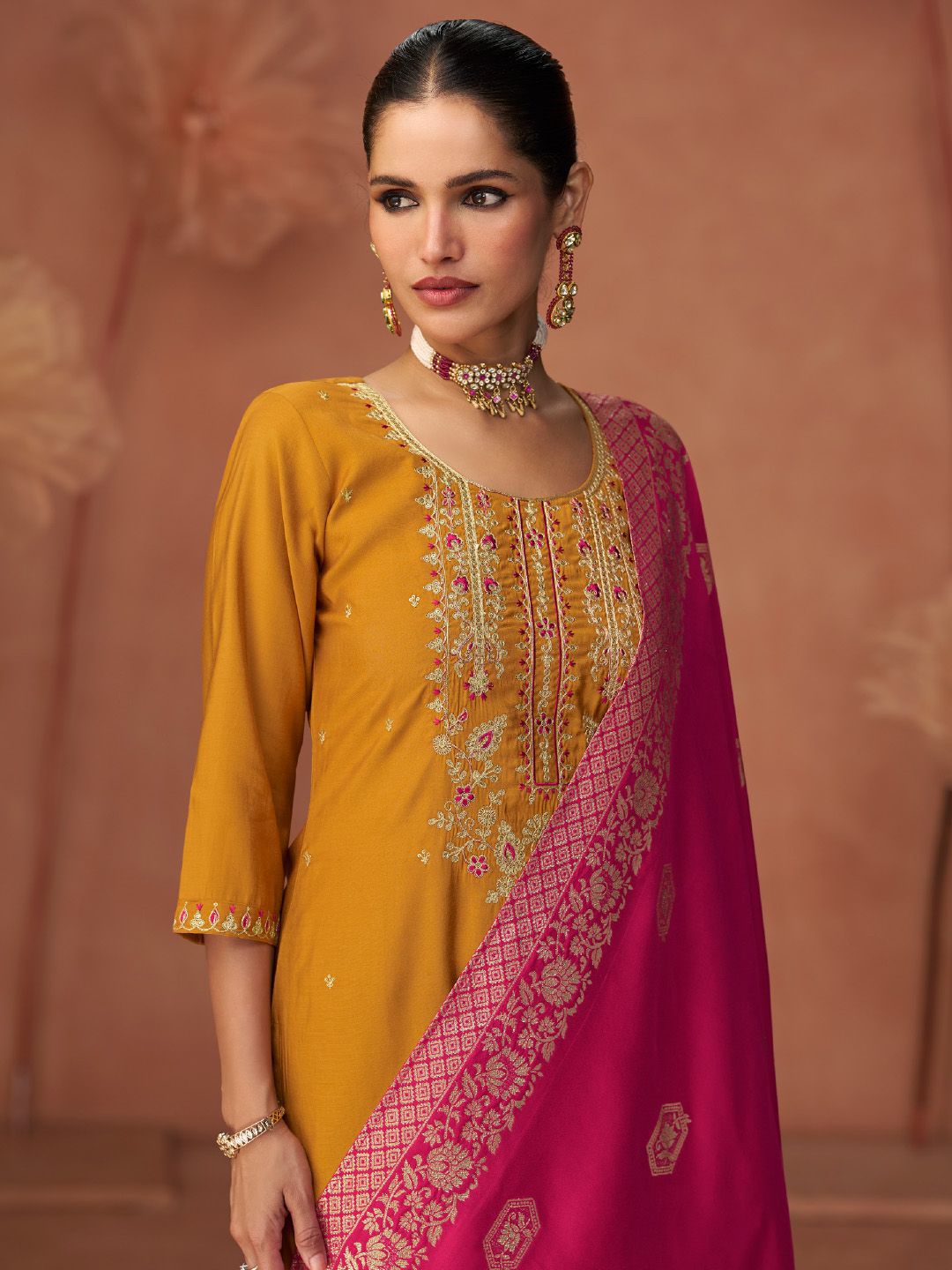 Varanga Floral Embroidered Zari Work Round Neck Straight Kurta With Trousers & Dupatta