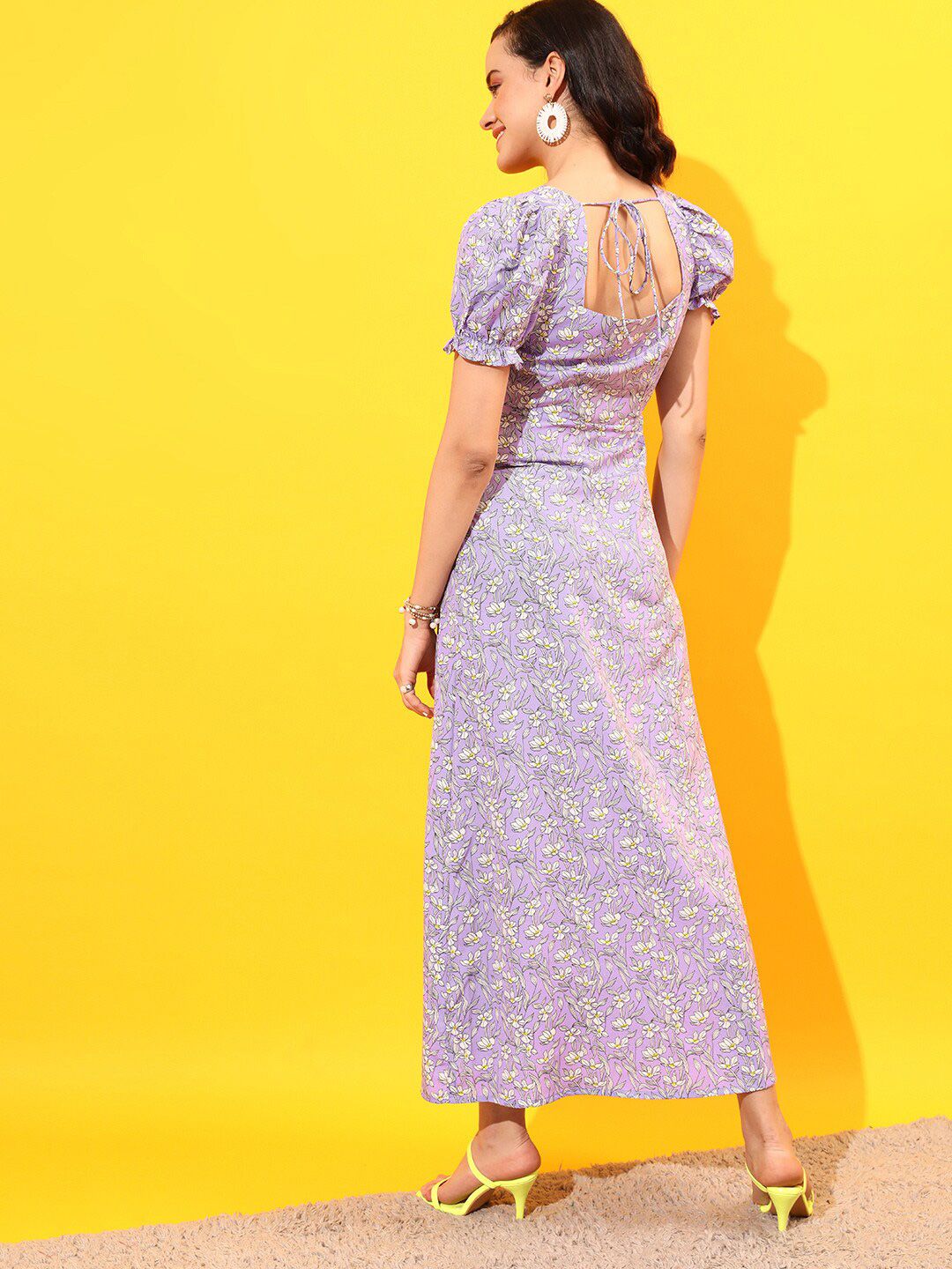 STREET 9 Floral Printed Sweetheart Neck Puff Sleeves A-Line Dress