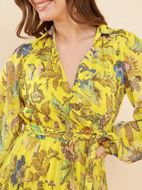 Antheaa Yellow Printed Pleated Puff Sleeves Belted Chiffon Fit & Flare Midi Dress