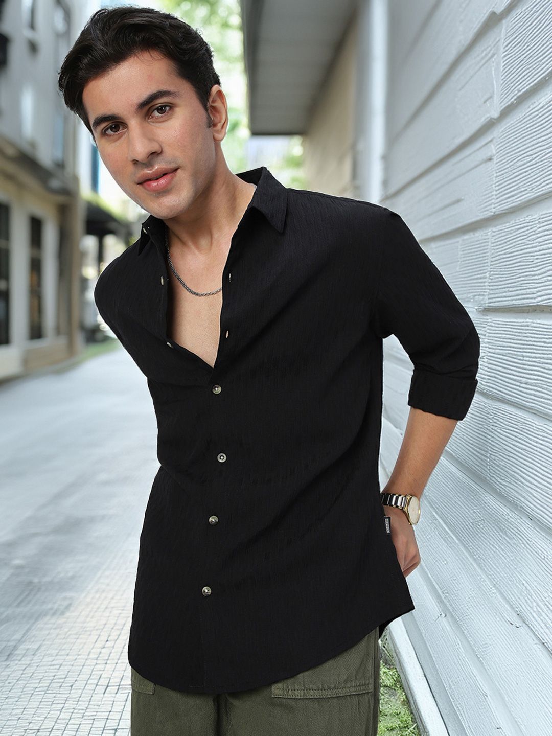 Urbano Fashion Men Spread Collar Textured Cotton Casual Shirt