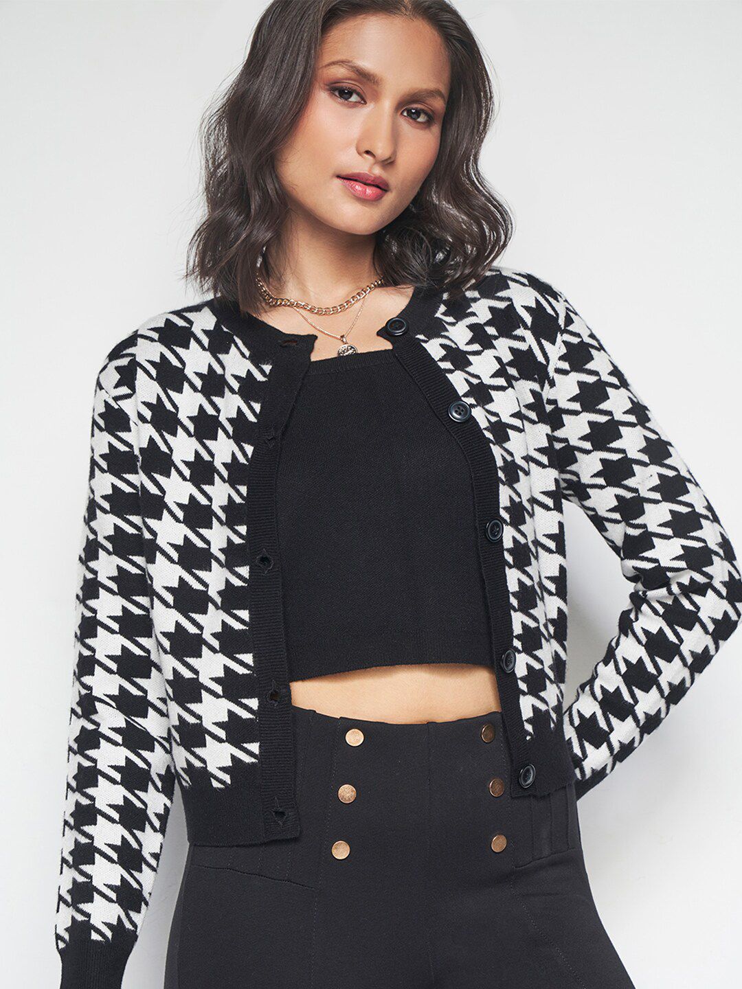AND Geometric Printed Round Neck Long Sleeves Cardigan Sweater