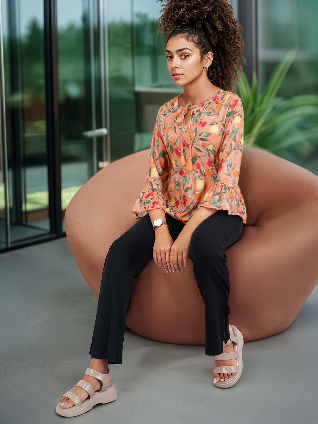 DressBerry Floral Printed Tie-Up Neck Bell Sleeve Peplum Top
