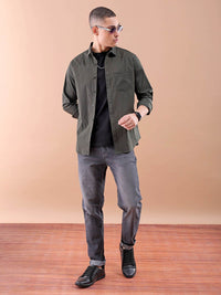 The Indian Garage Co Men Olive Green Solid Cotton Comfort Shirt