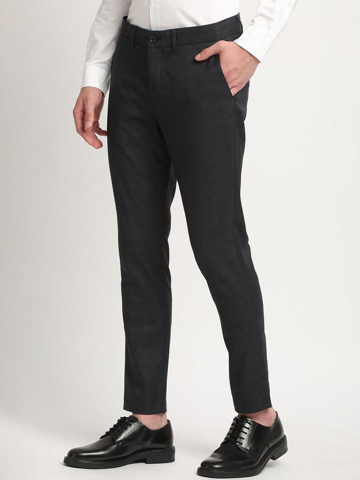 THE BEAR HOUSE Men Solid Checked Tapered Fit Mid-Rise Formal Trousers
