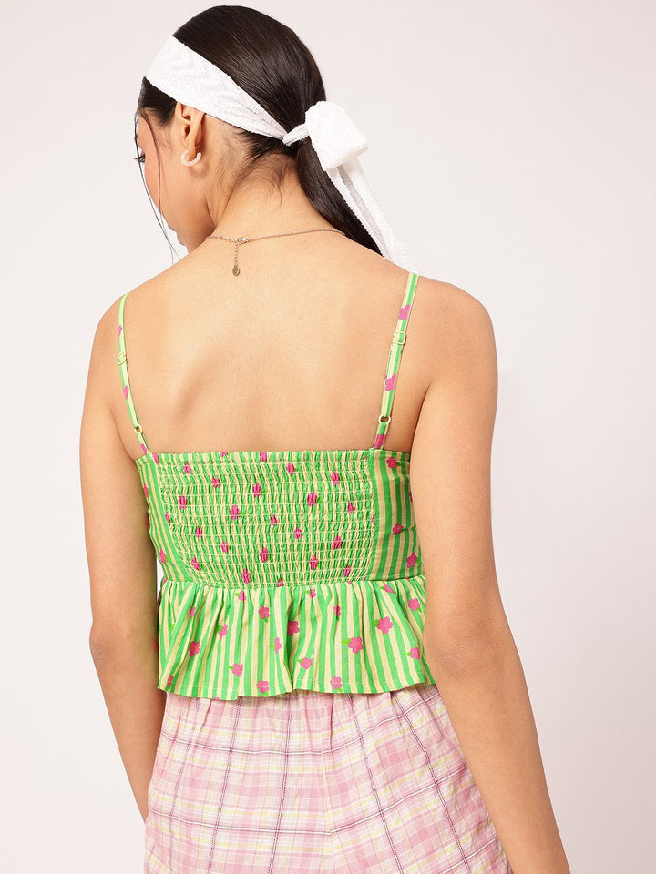 DressBerry Dreamy-Daisy Printed Shoulder Straps Smocked Peplum Top