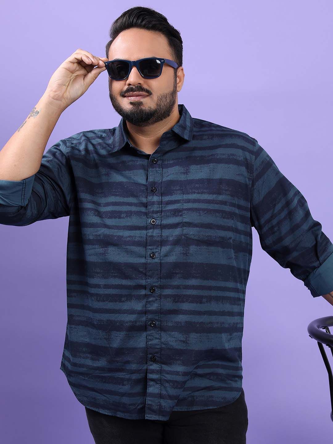 HIGHLANDER Plus Size Horizontal Striped Cotton Casual Shirt