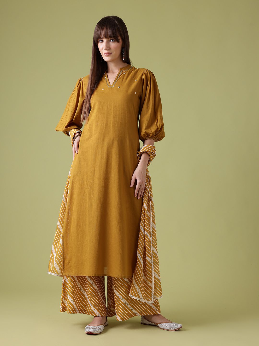 Anouk Sequinned Embellished Cotton Puff Sleeves Straight Kurta with Palazzos & Dupatta
