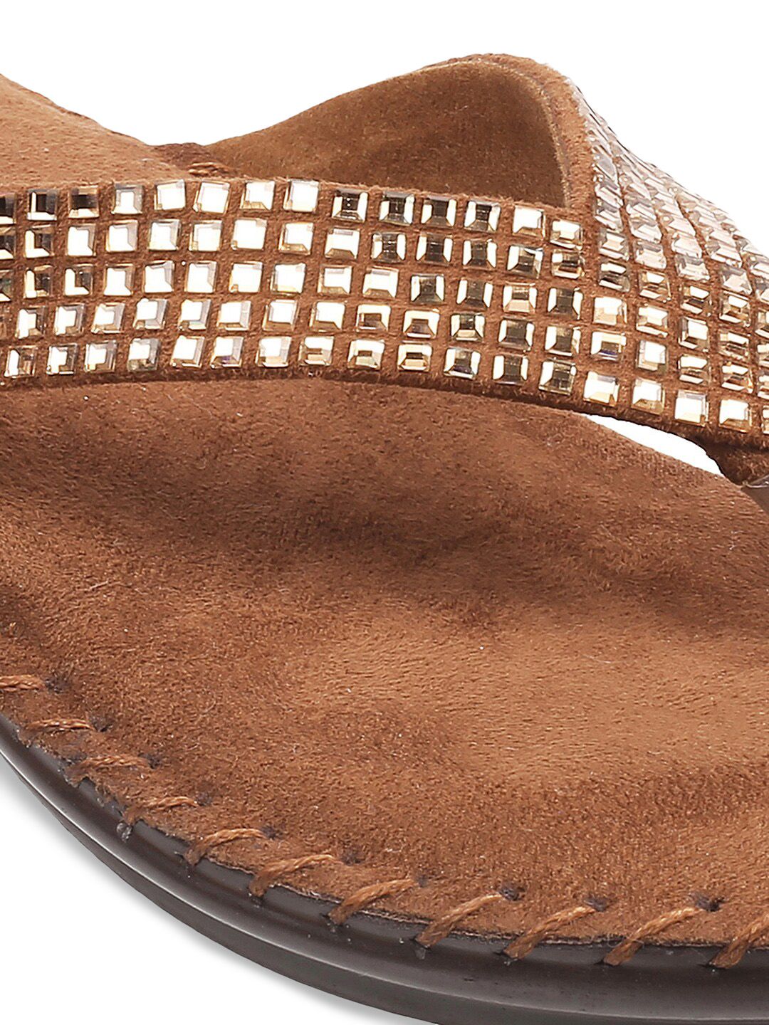 Metro Women Gold-Toned & Tan Brown Embellished Open Toe Flats