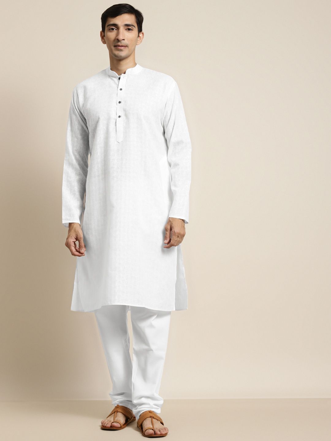 SOJANYA Men White Self Checked Kurta with Churidar