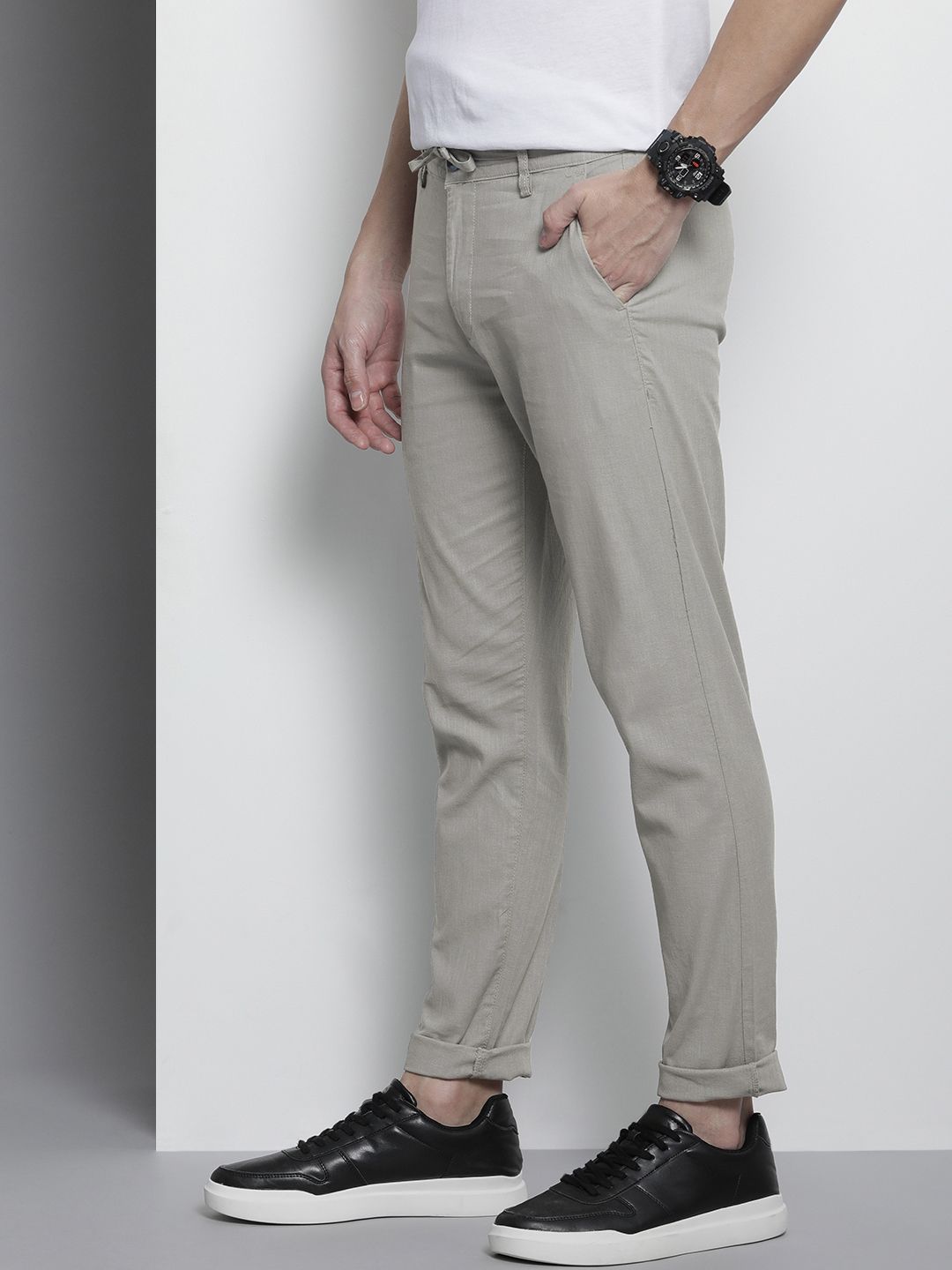 The Indian Garage Co Men Grey Slim Fit Linen Blend Trousers