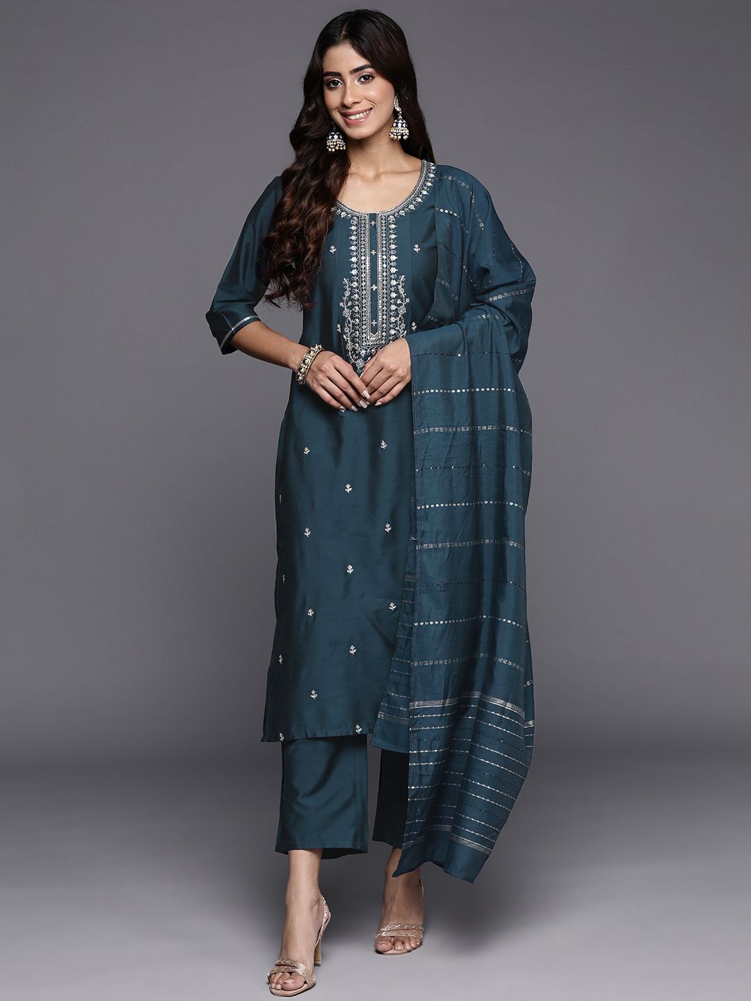 Gerua By Libas Women Blue Floral Embroidered Regular Sequinned Kurta with Trousers  With Dupatta