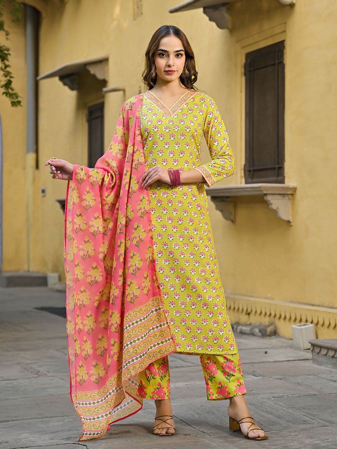 KALINI Floral Printed Straight Kurta with Trousers & Dupatta