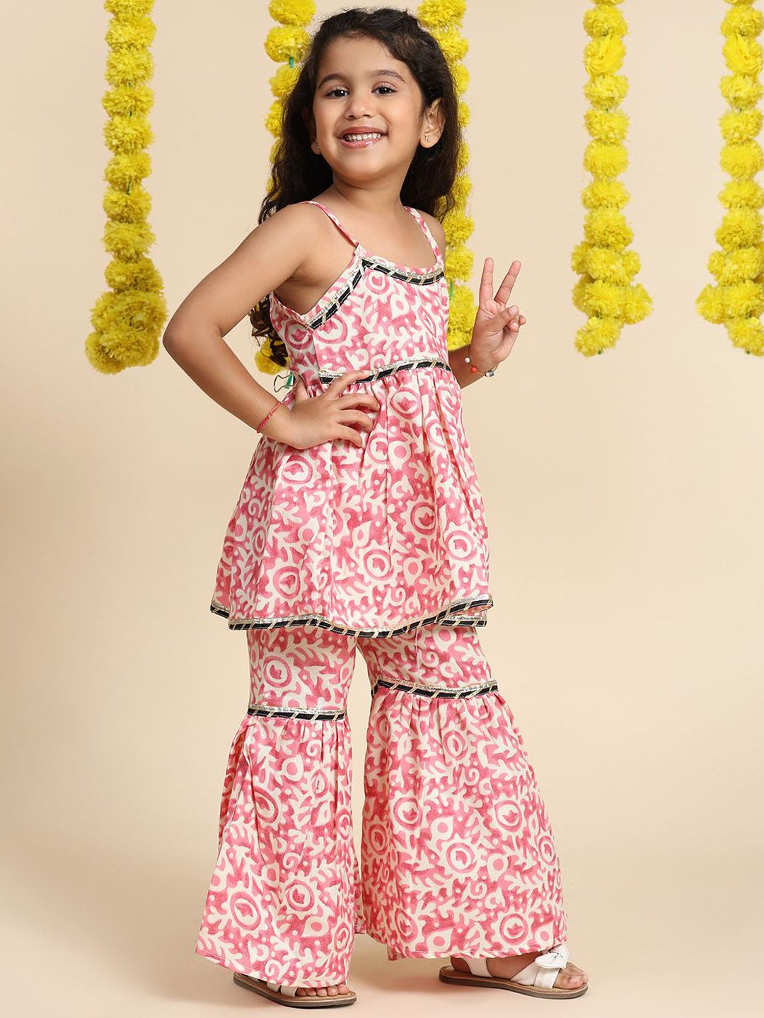 Cutiekins Girls Abstract Printed Gotta Patti A-Line Kurta With Sharara