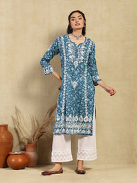 House of Chikankari Women Dark Blue Mulmul Chikankari Embroidered Kurta