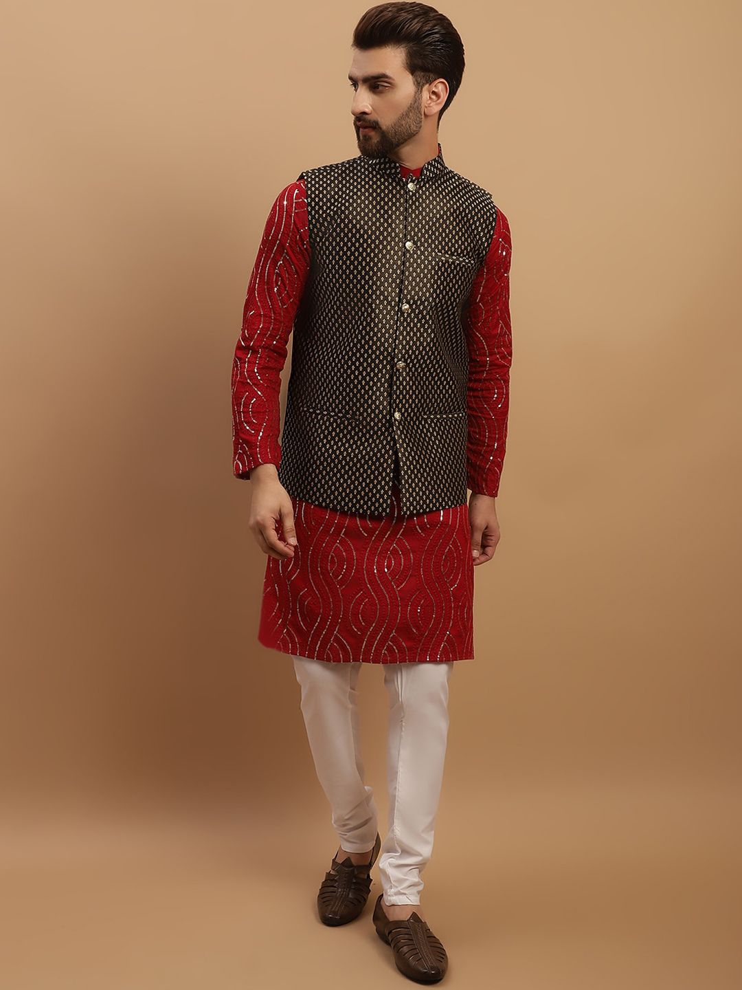 SOJANYA Ethnic Motifs Embroidered Sequined Pure Cotton Kurta with Churidar & Nehru Jacket