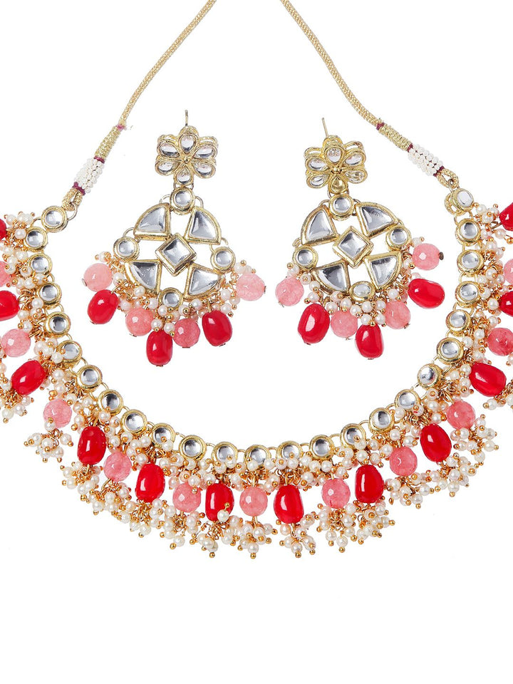 KARATCART Gold-Plated White & Red Kundan-Studded & Pearl Beaded Handcrafted Jewellery Set