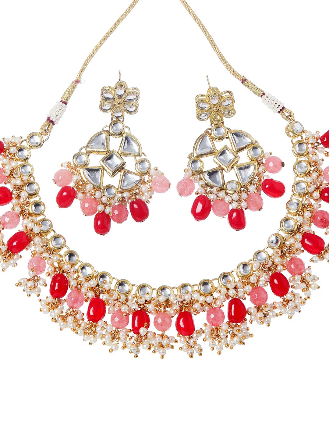 KARATCART Gold-Plated White & Red Kundan-Studded & Pearl Beaded Handcrafted Jewellery Set