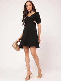 DressBerry Stylish & Savvy Chain Strap Detail Puff Sleeve Cut-Out A-Line Mini Dress