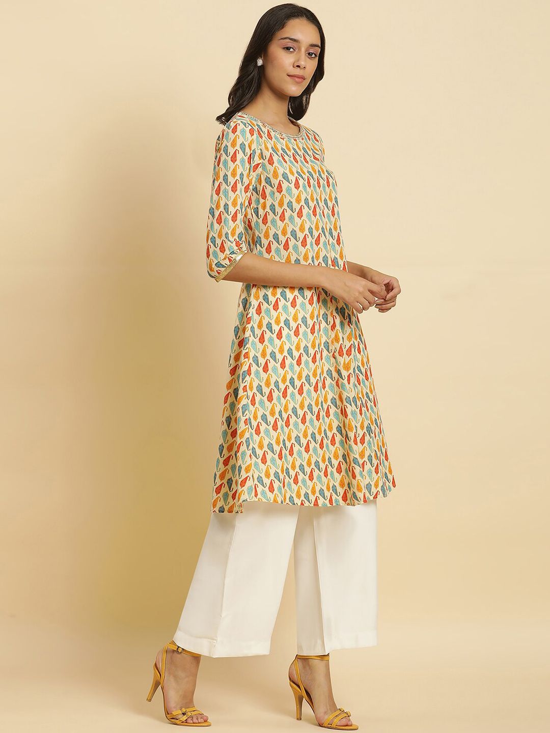 W Ethnic Motifs Printed Thread Work Pure Cotton A-Line Kurta