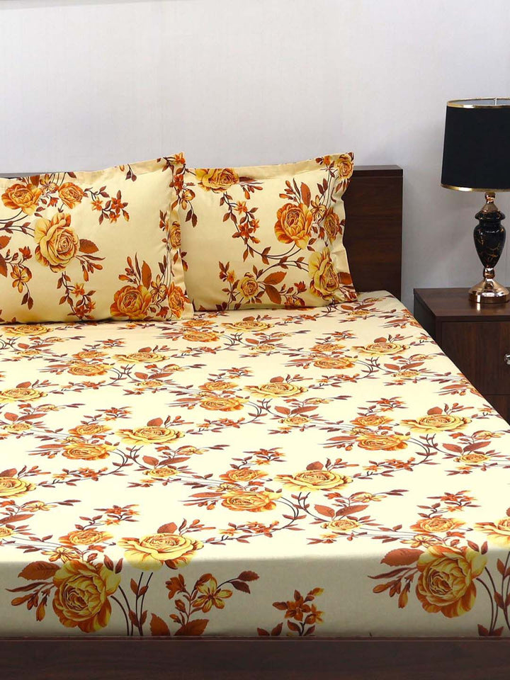 BOMBAY DYEING Cardinal Beige Floral 120 TC Cotton Queen Bedsheet Set-2.24 m X 2.54 m